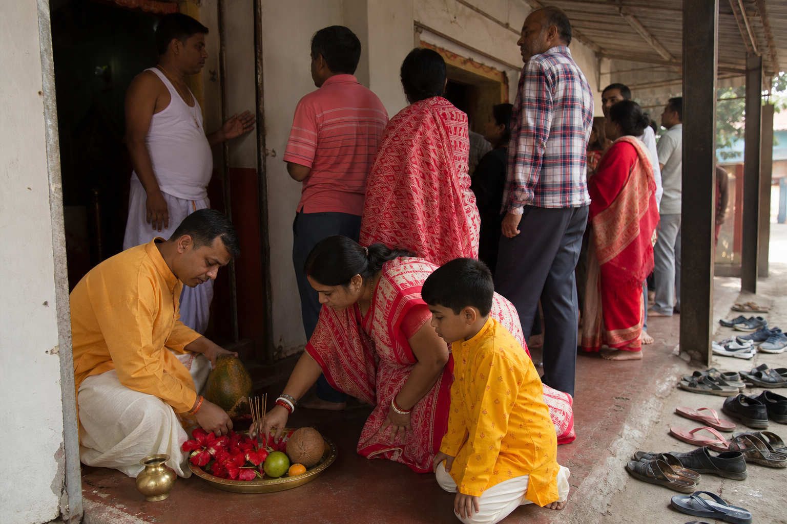 Devotees prepare flower and fruit offerings while waiting barefoot at the shaded entrance of a Bengali shrine.