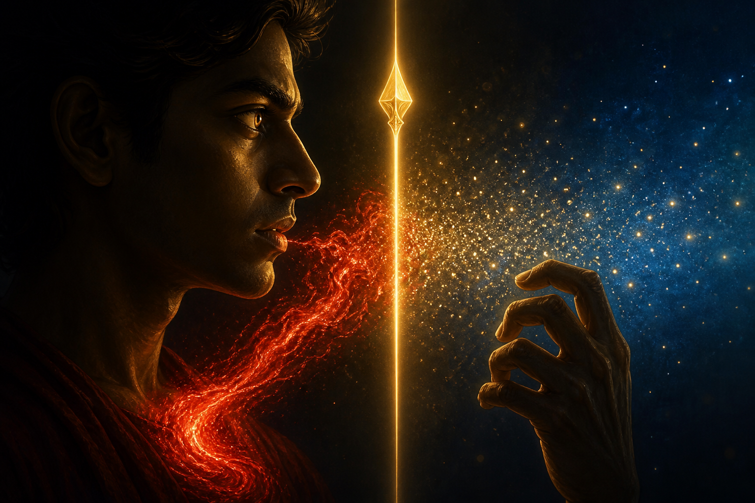 A golden vel-shaped beam interrupts a crimson current moving from a person's chest toward the mouth and clenched hand.