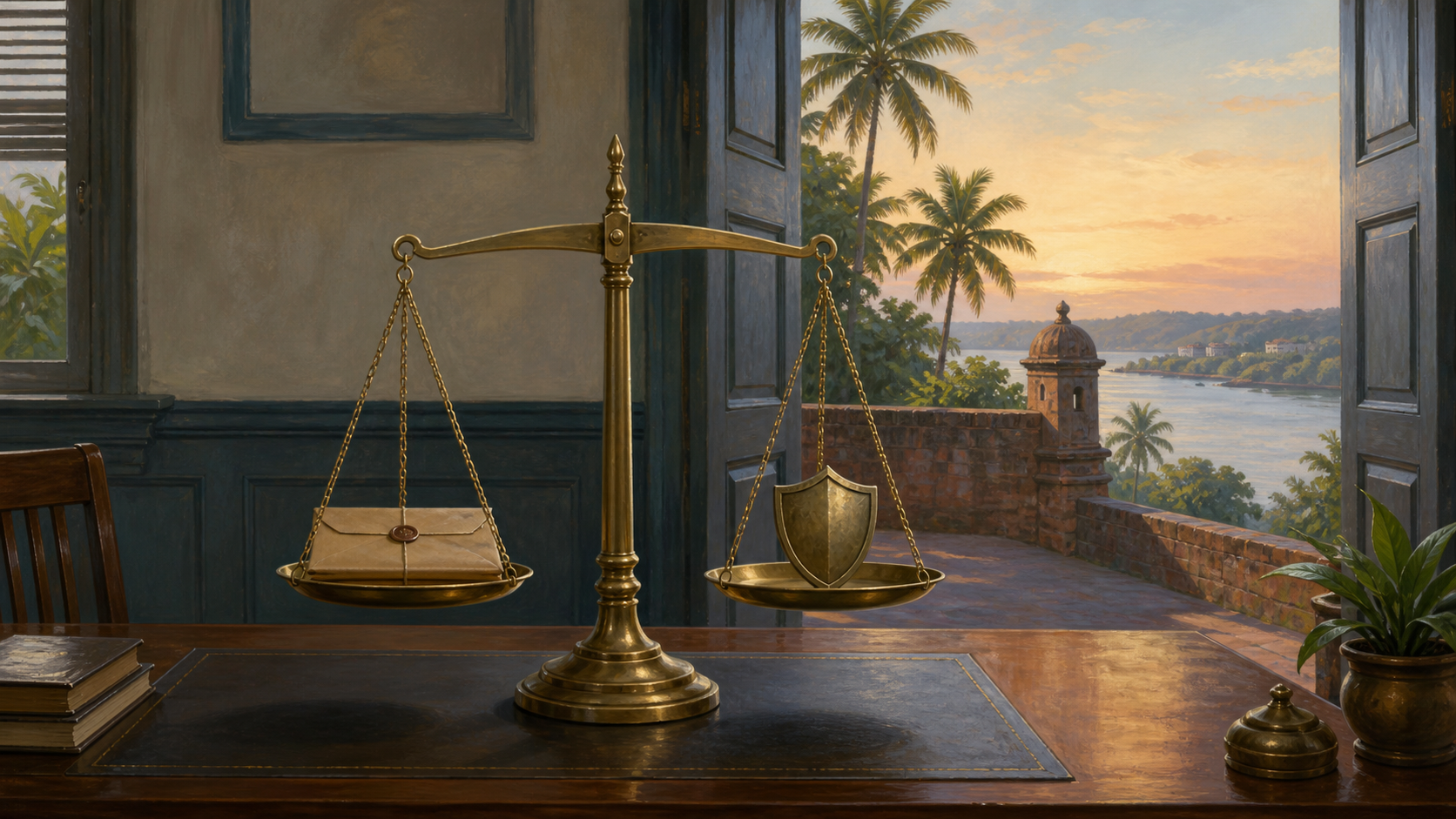 A balanced brass scale holds a sealed evidence folder and a protective shield on a desk overlooking a Goan riverside landscape.