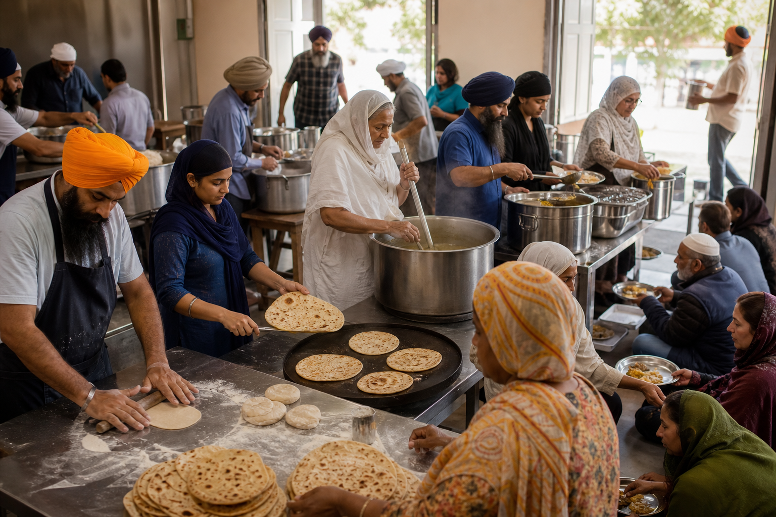 Volunteers and neighbors prepare and serve a shared meal together in a sunlit community kitchen.