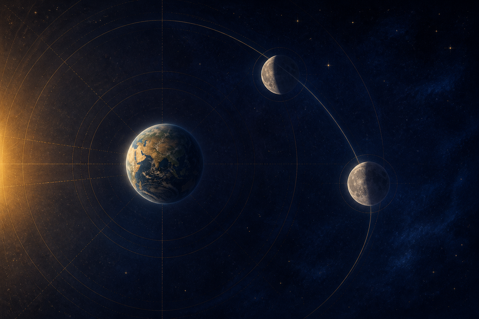 An unlabeled celestial illustration shows the Moon moving from a half-lit waxing phase to a slightly fuller phase in relation to Earth and sunlight.