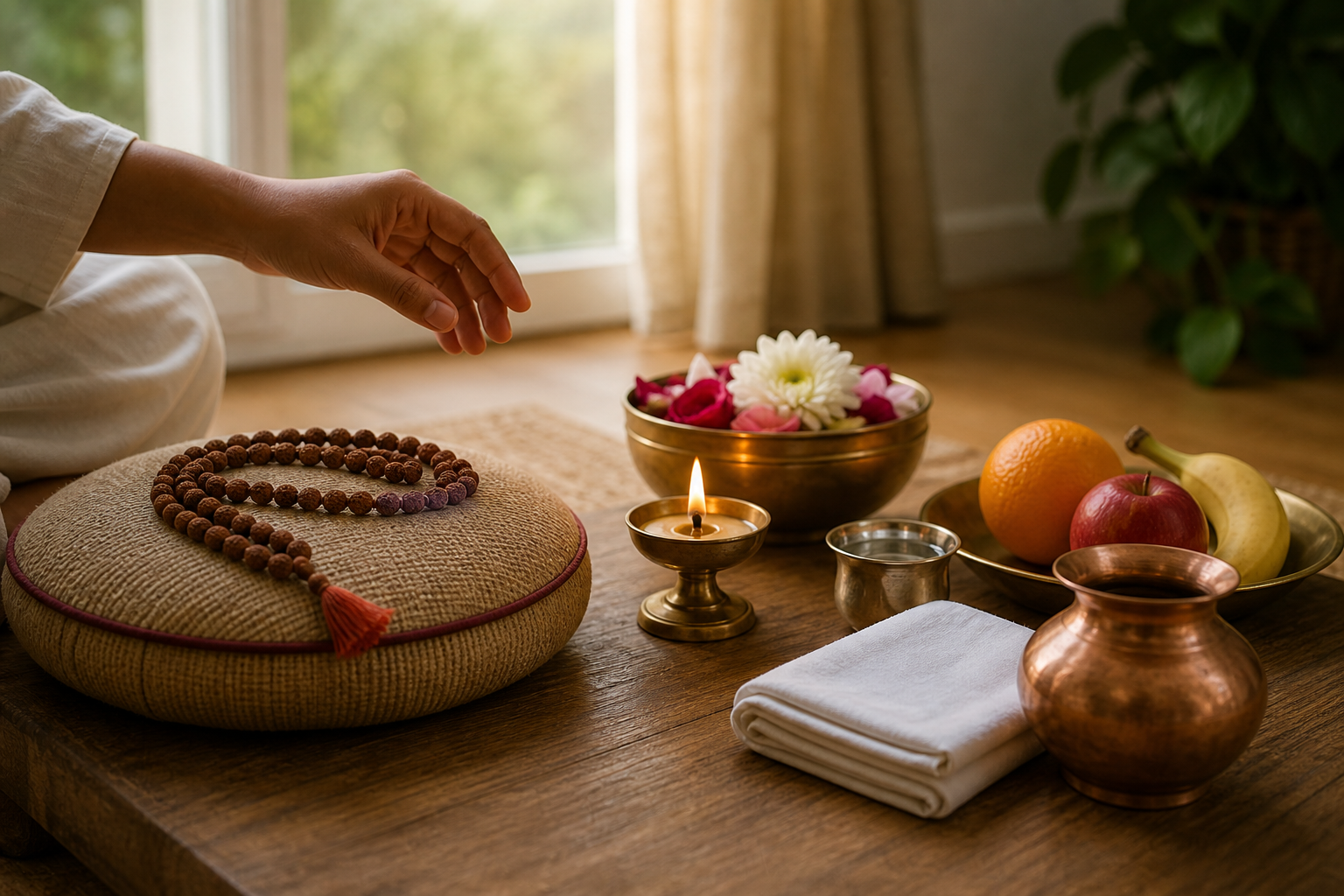 Prayer beads, a meditation cushion, a brass lamp, flowers, fruit, water, and a copper vessel are arranged for different forms of Hindu observance.