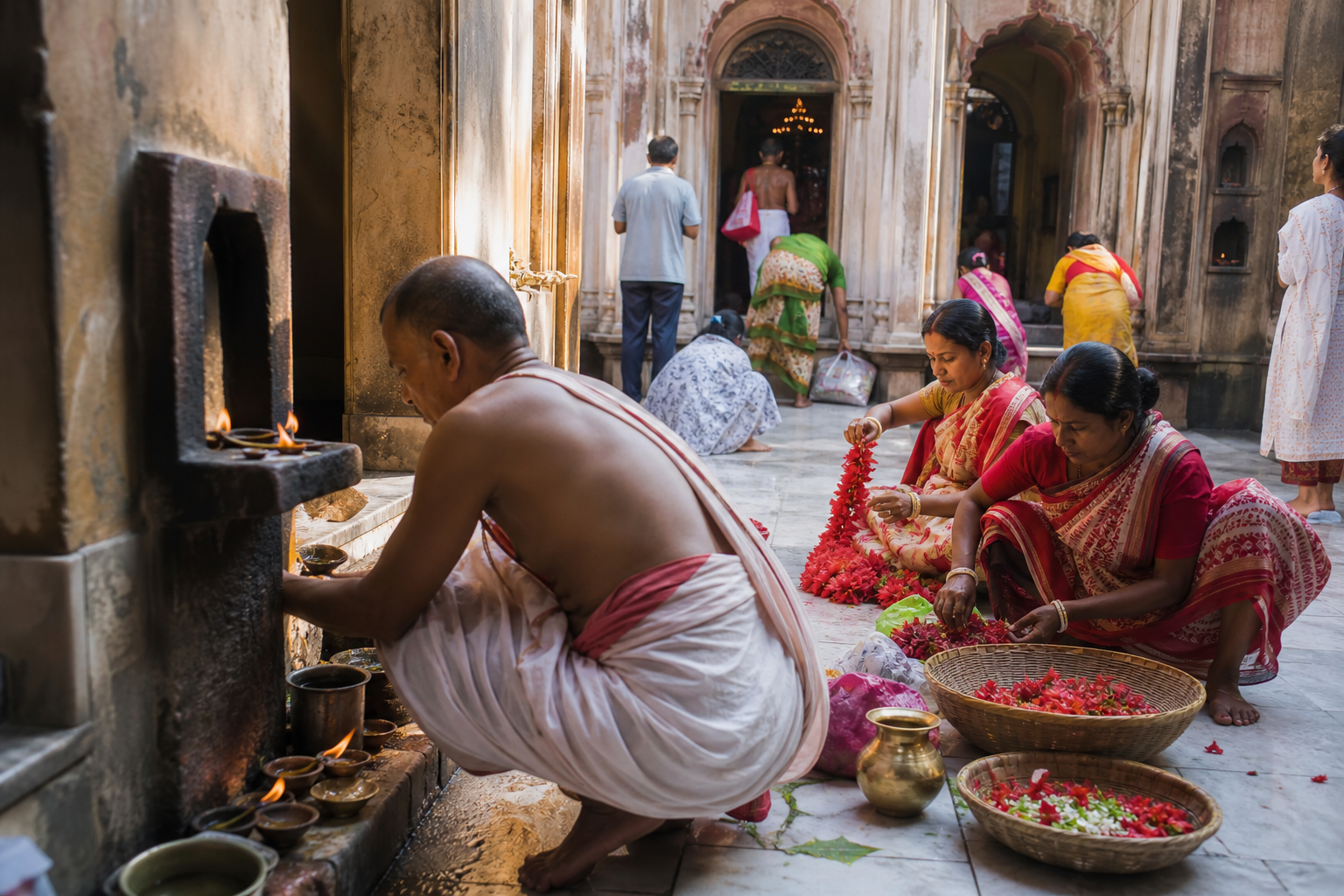 A priest and devotees perform everyday worship with oil lamps and hibiscus garlands in a worn temple courtyard.