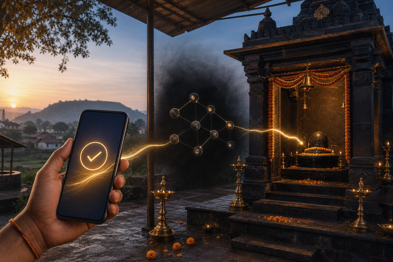 A hand holds an unbranded smartphone near a black-stone temple shrine while a glowing payment path passes through disconnected financial nodes.