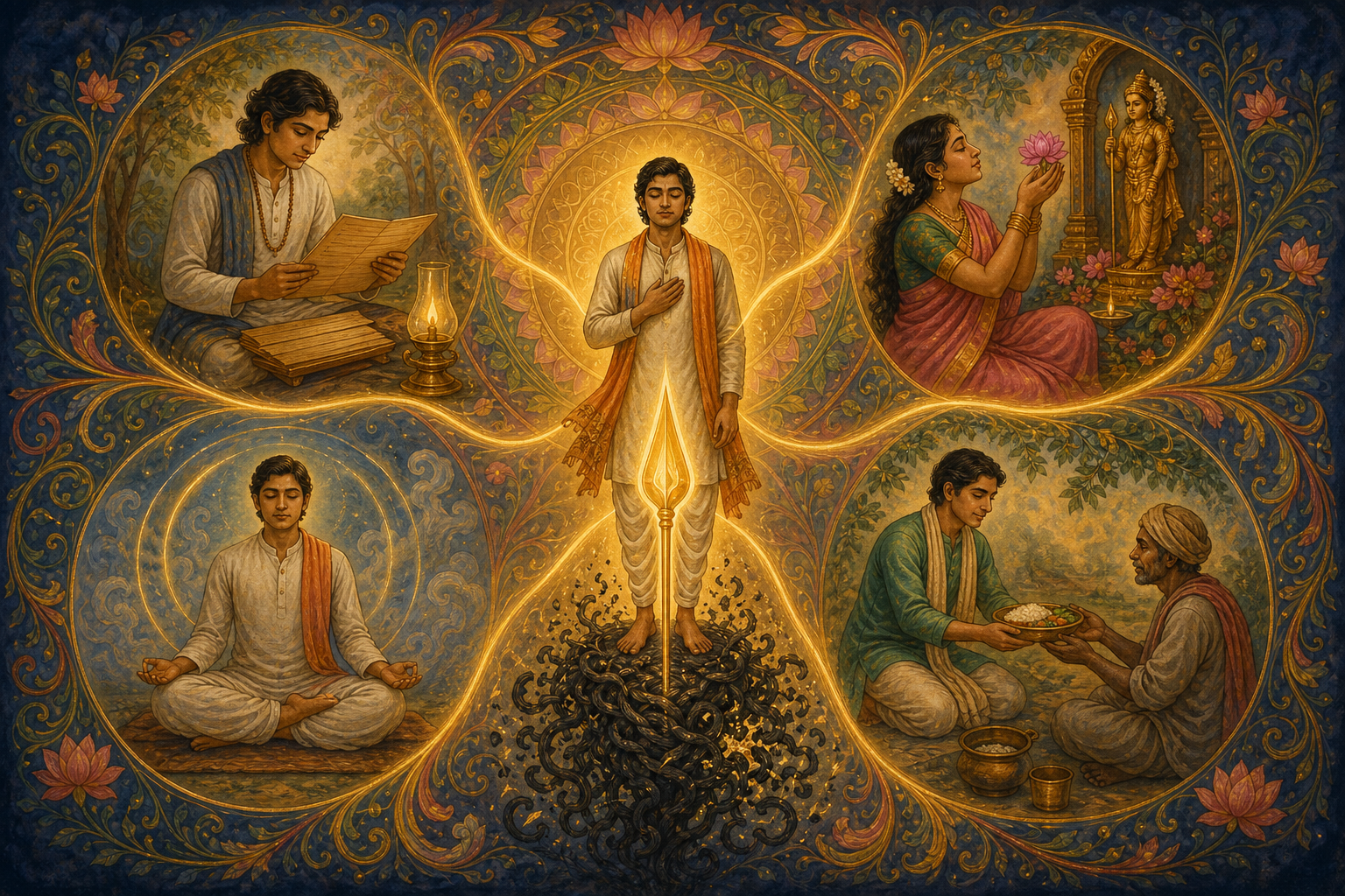 Four surrounding scenes of study, devotion, meditation, and service connect by golden light to an aspirant and a vel-shaped flame.
