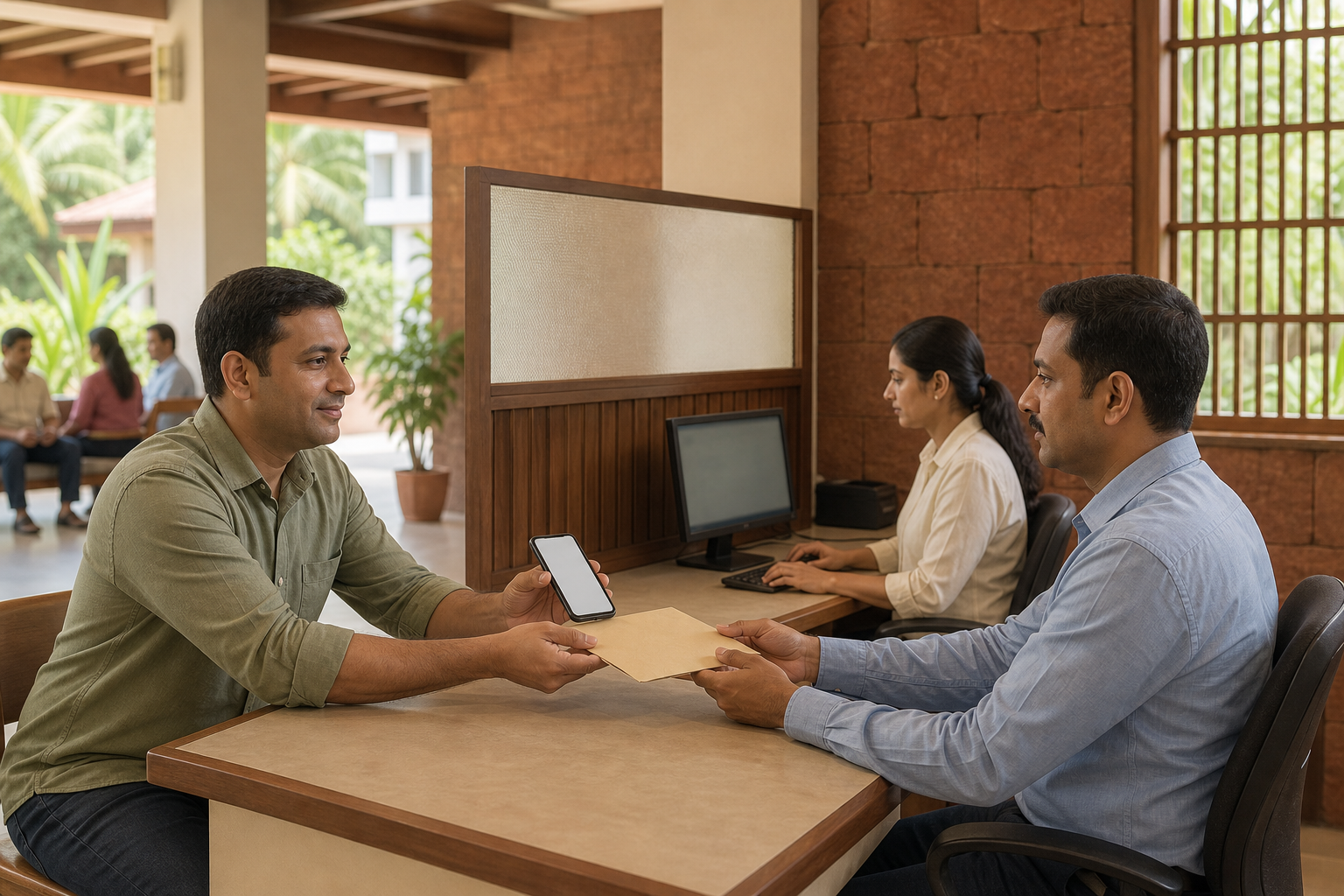 A resident quietly gives a sealed note and phone to a duty officer at a private public-service counter.