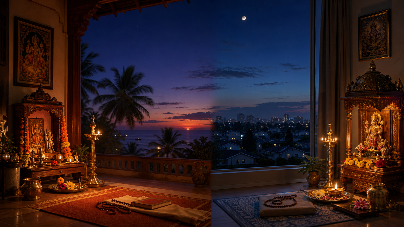 Two home shrines in different geographic settings are shown under different twilight skies, with the waxing moon at a different height above each horizon.