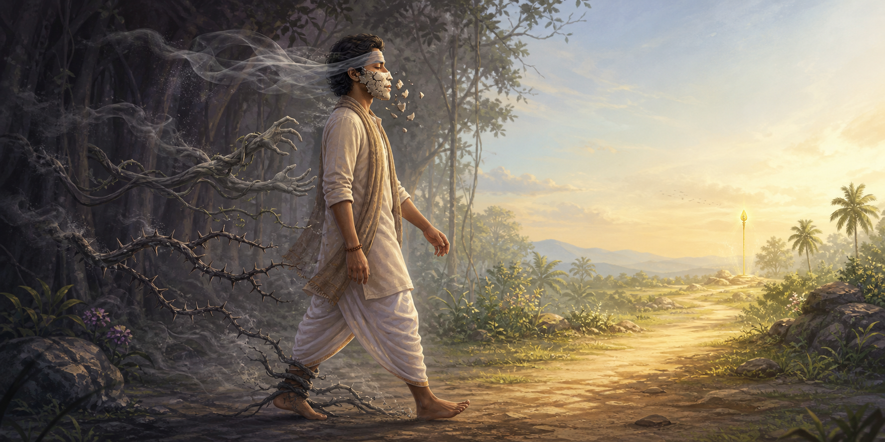 A person walks toward sunlight as five smoky restraints, including a veil, mask, vines, thorns, and an ankle root, loosen and fade.