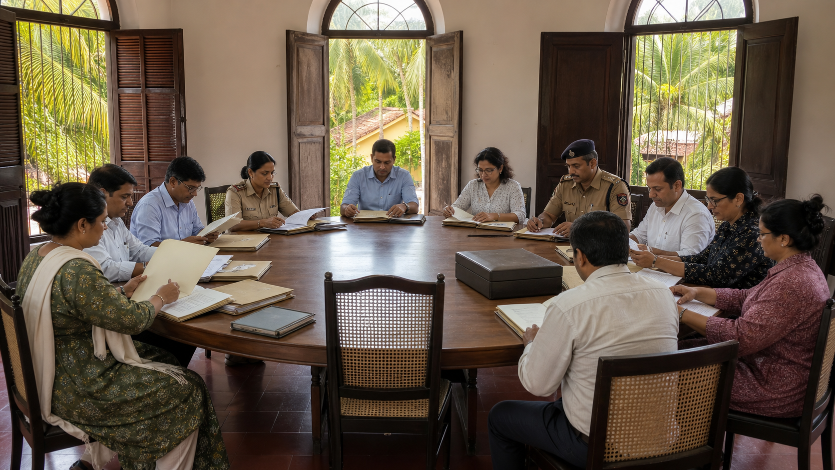 Civic officials, legal advisers, police representatives, and residents review closed evidence folders around a circular table in North Goa.