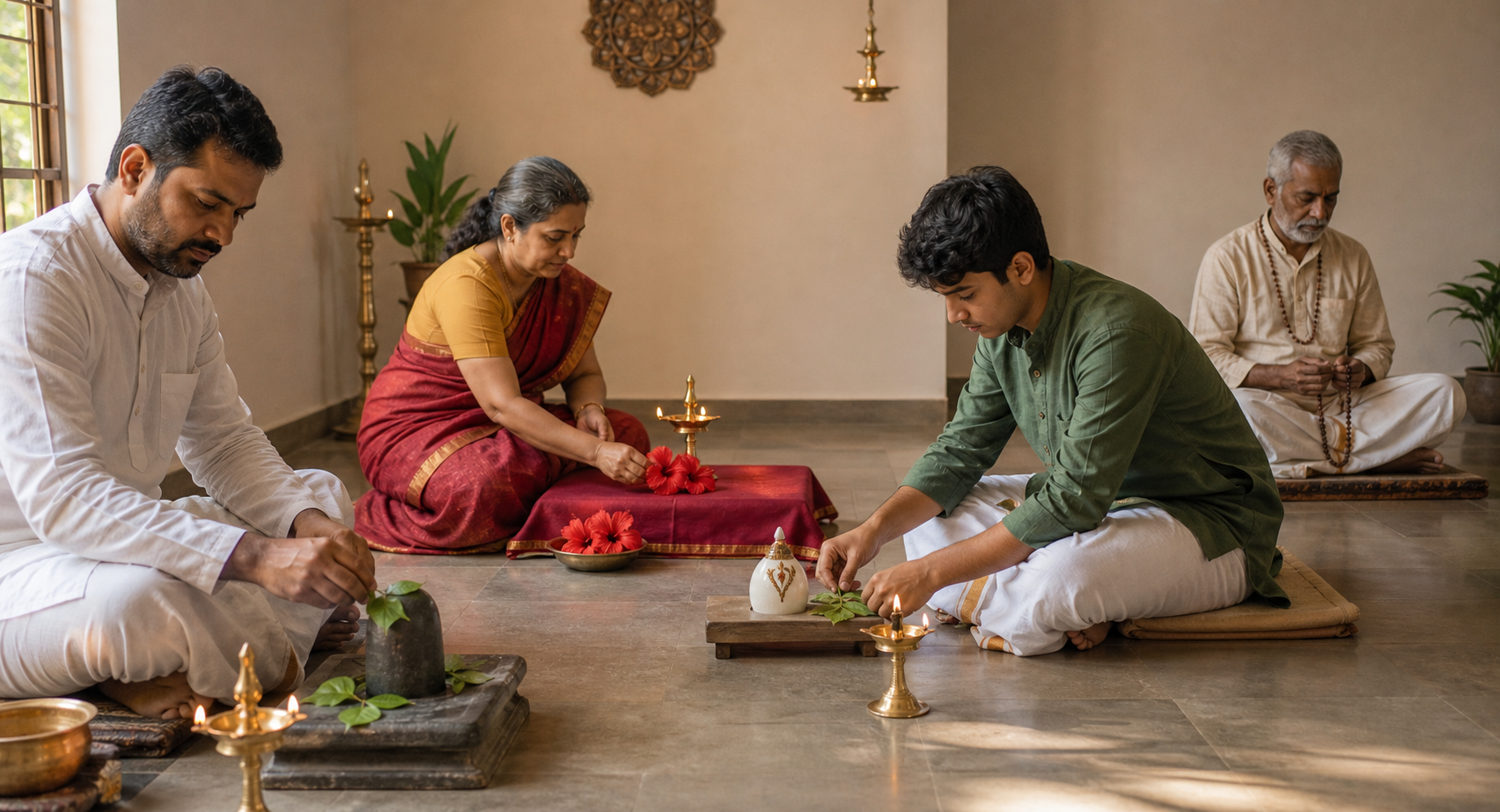 Several Hindu practitioners prepare distinct devotional spaces with bilva leaves, hibiscus, tulsi, lamps, water, flowers, and prayer beads in a shared room.
