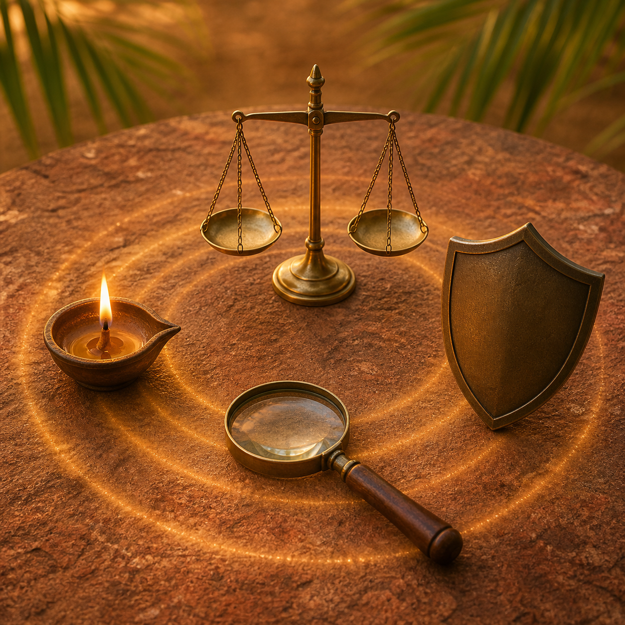 An oil lamp, magnifying lens, balanced scale, and protective shield form a circle on a laterite stone surface.