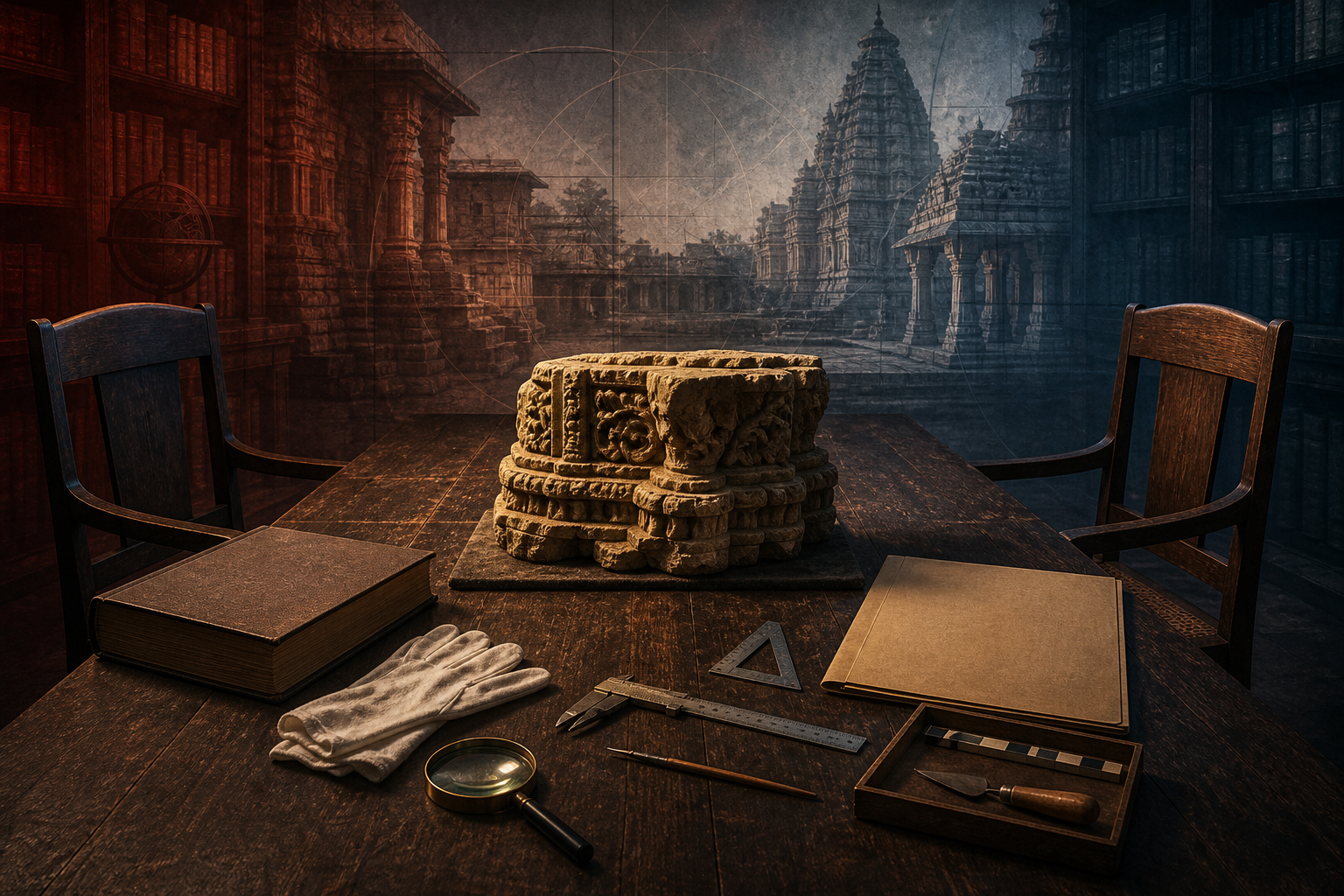 A carved stone fragment, archive materials, magnifying lens, and measuring tools lie between two empty chairs on a research table in a shadowed library.