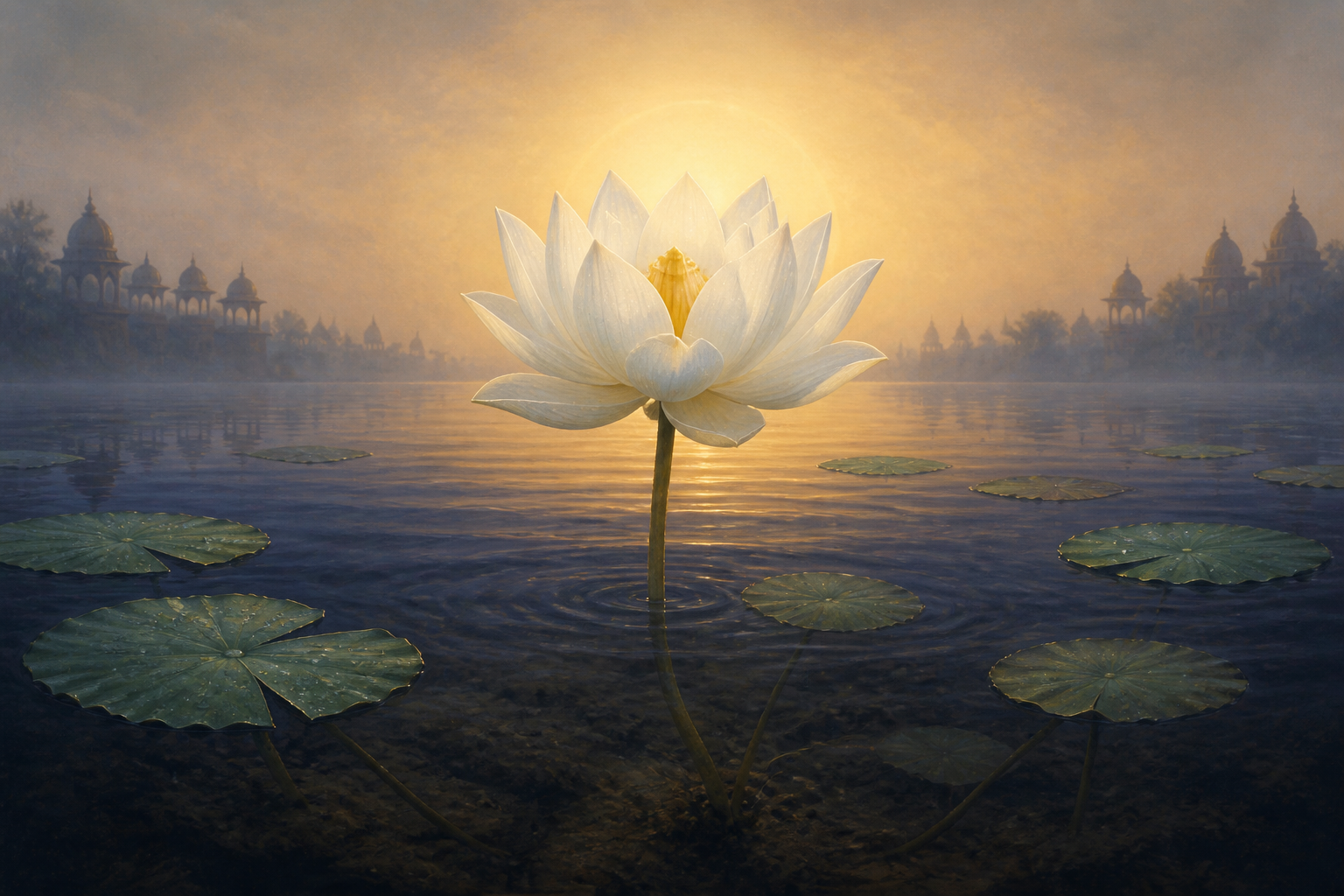 An open white lotus rises from dark rippling water into soft golden light, with its stem descending toward the silty depths.
