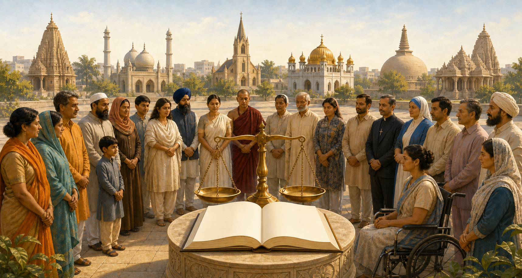 A diverse group of Indian citizens stands in a civic courtyard around a balanced scale and an open blank legal folio, with several kinds of places of worship in the distance.