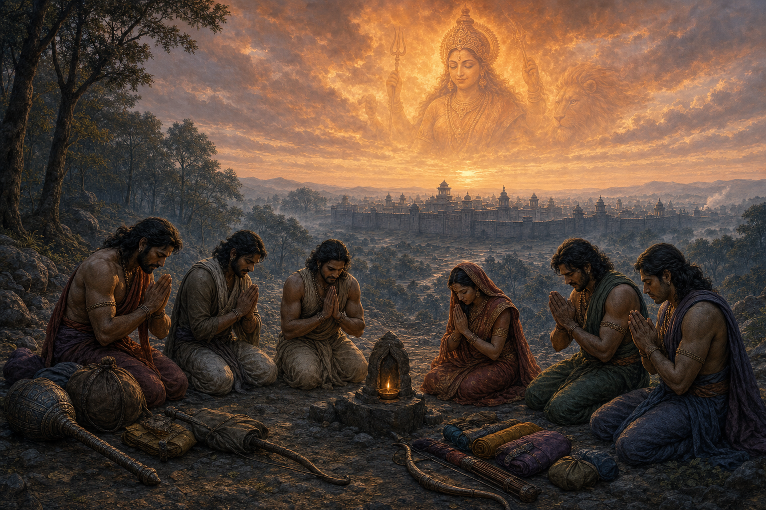 The five Pandava brothers and Draupadi pray beside a small forest shrine before dawn, with Virata's distant city ahead and a luminous vision of Durga in the clouds.