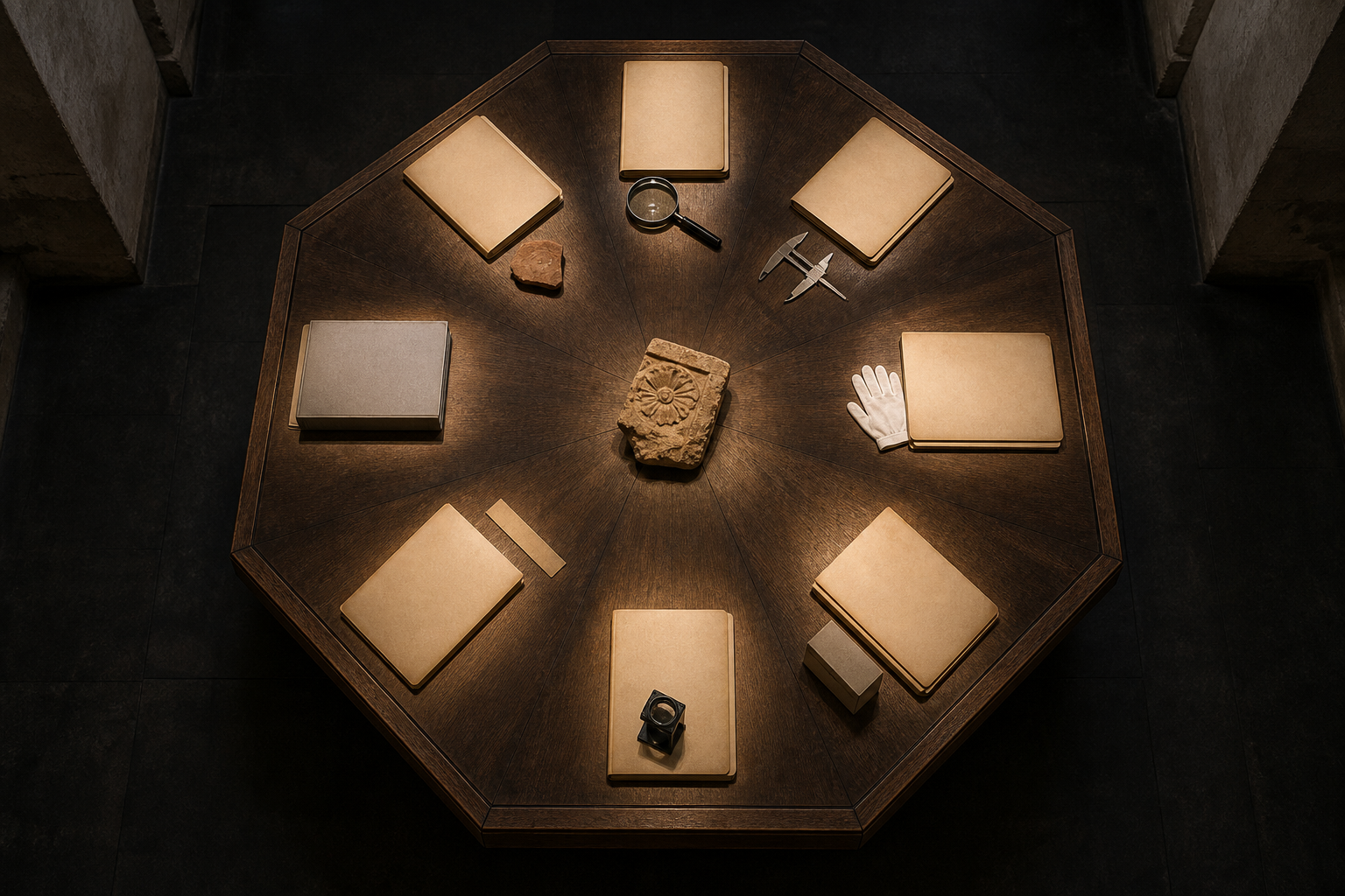 Eight unmarked evidence folders and research tools are arranged around a carved stone fragment on an octagonal archive table.