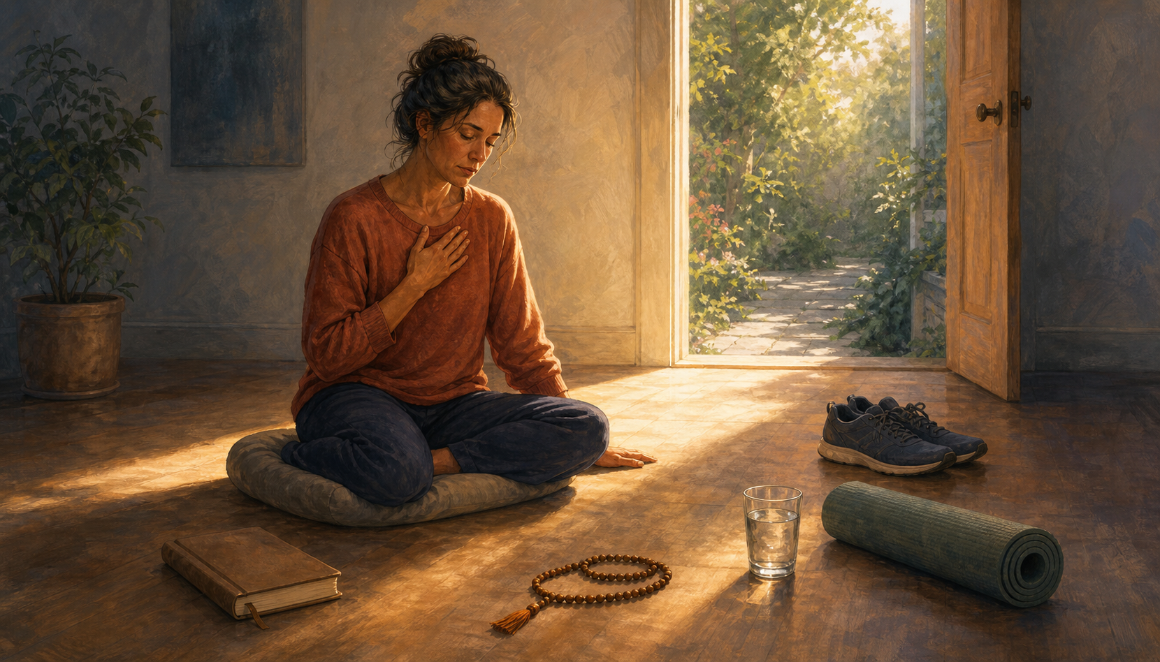 A tired adult sits calmly on a cushion among a journal, walking shoes, an exercise mat, a water glass, and meditation beads, with an open doorway leading to a garden.