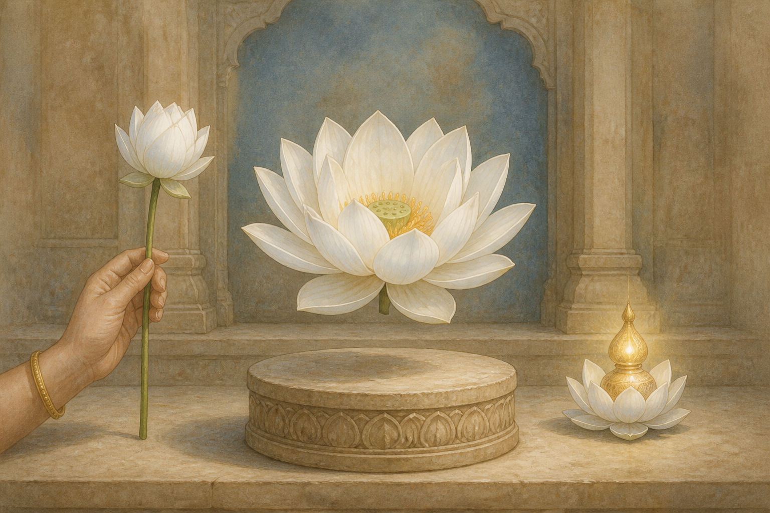 A central white lotus is shown beside a lotus pedestal, a hand holding a lotus stem, and a lotus supporting a glowing ritual object.