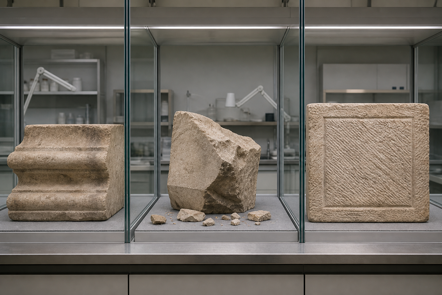 Three stone specimens in separate conservation bays show natural weathering, irregular impact damage, and repeated tool marks.
