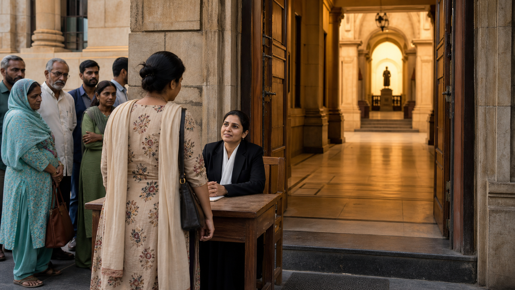 A woman approaches a legal aid desk at the entrance to an Indian courthouse while other citizens wait and a lighted hall is visible inside.