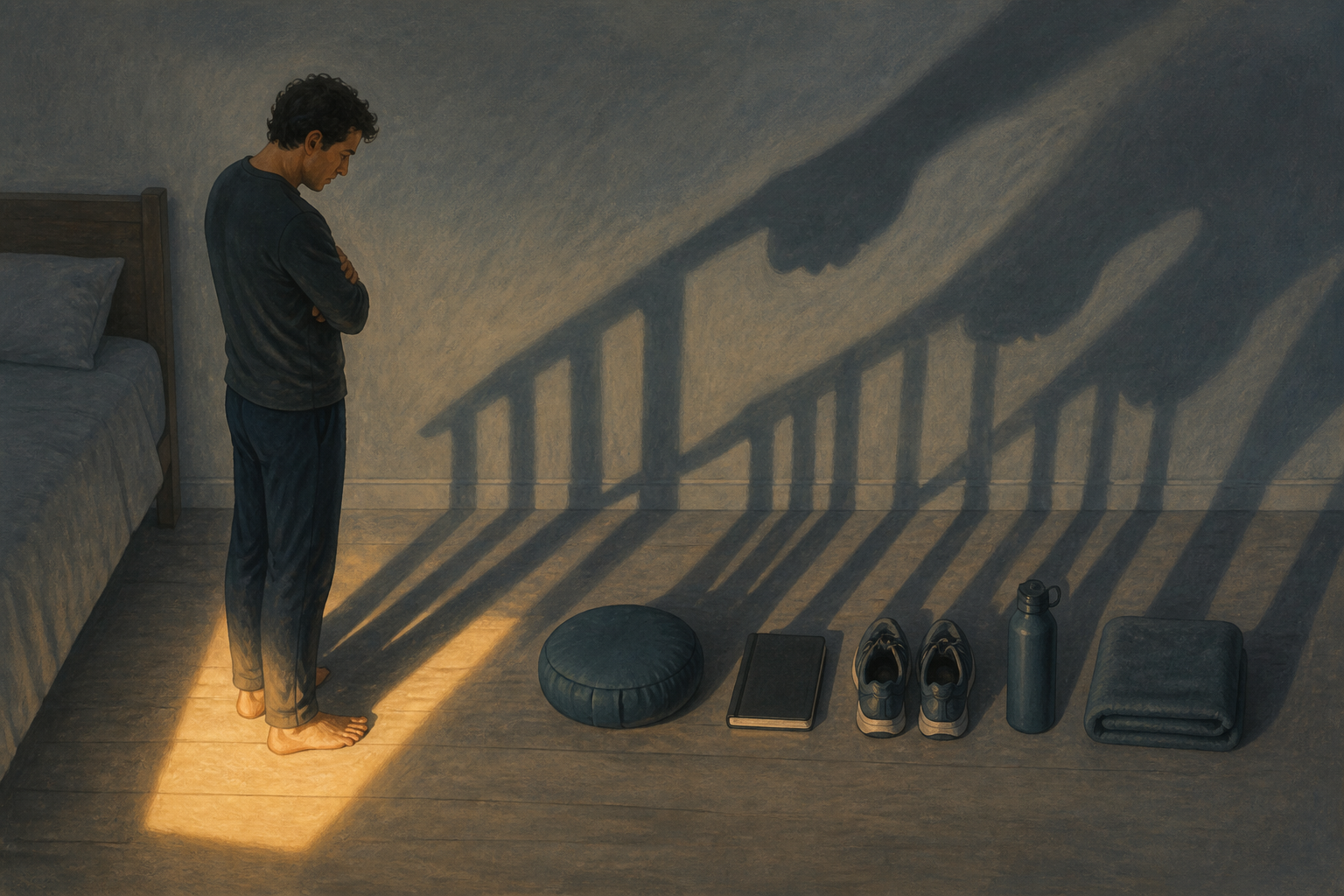 An adult stands tensely beside precisely arranged wellness items whose long shadows resemble courtroom railings and pointing shapes.