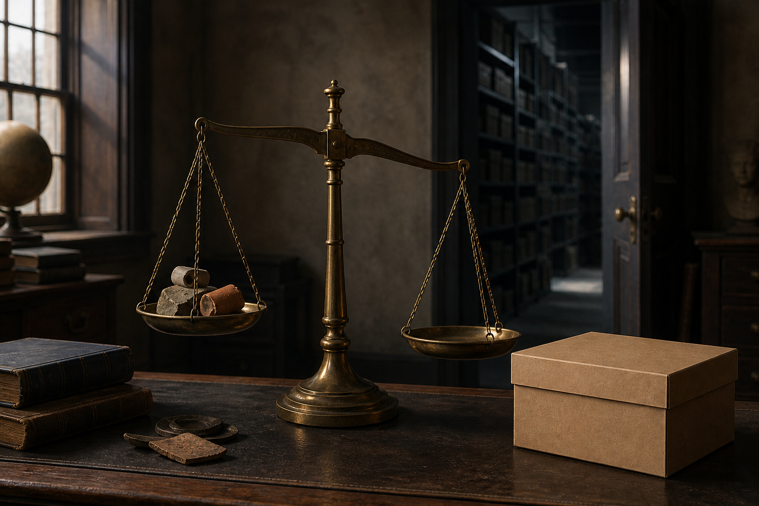 An unsettled brass balance scale stands beside an unopened evidence box, with unexplored archive shelves visible through a doorway.