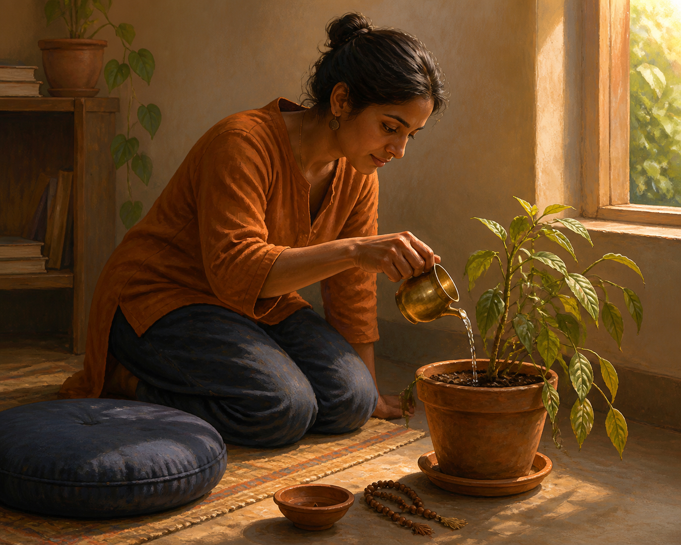 A person gently waters a drooping houseplant beside a meditation cushion, clay lamp, and prayer beads in warm window light.