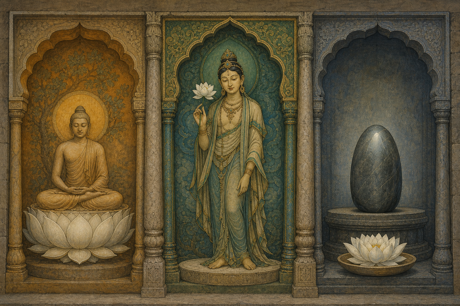 Three separate stone niches show a white lotus used as a pedestal, held beside a sacred figure, and placed as an offering beneath an abstract sacred focus.