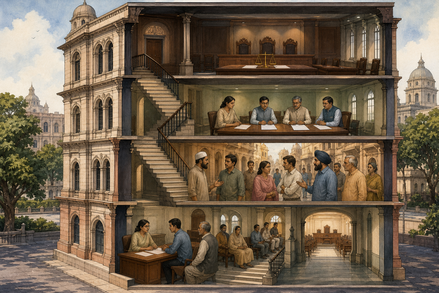 A four-level cutaway of an Indian civic building shows a legal chamber, officials reviewing a complaint, a neighborhood dispute, and a legal aid desk leading toward a courtroom.