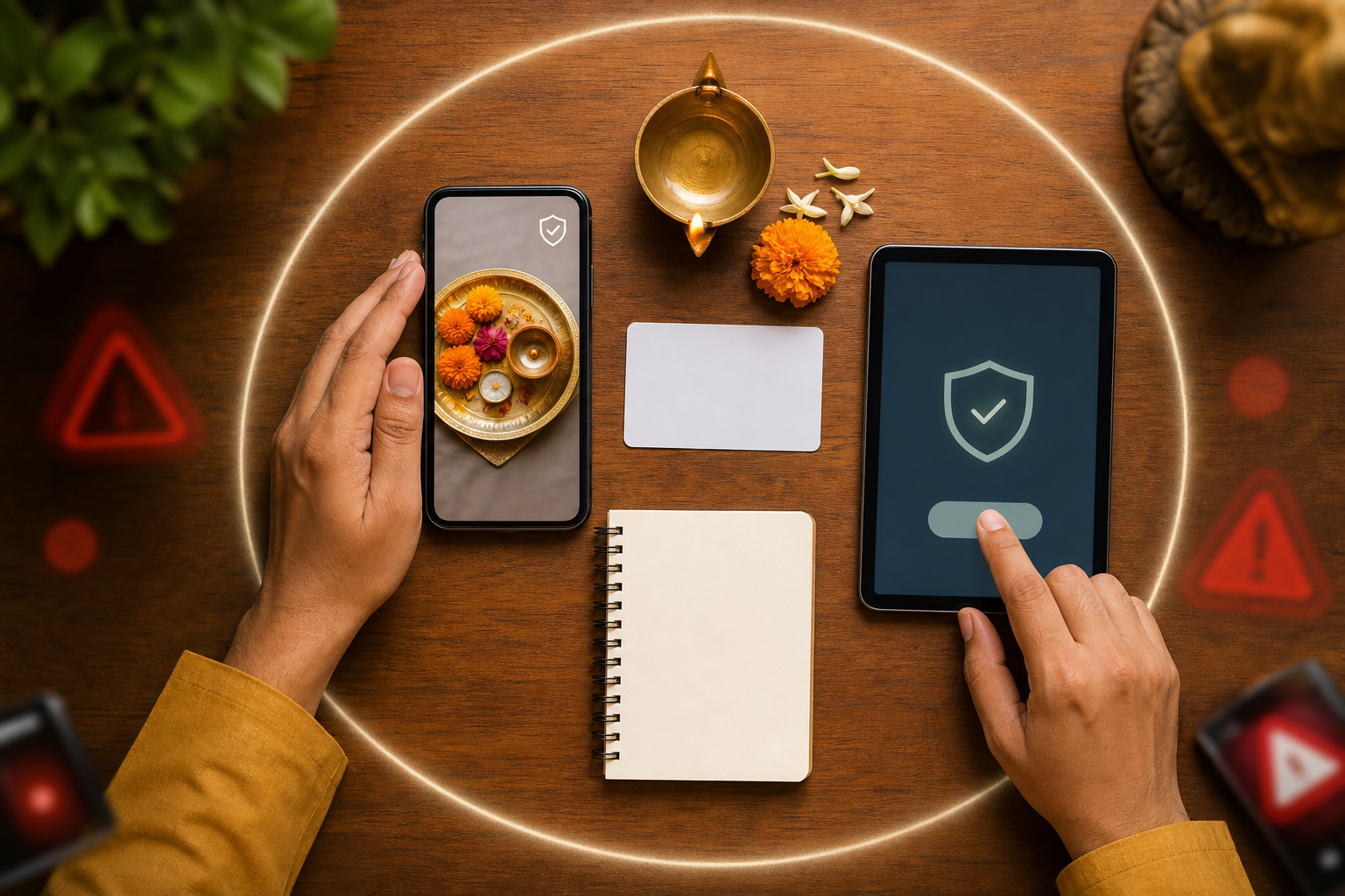 A person checks security symbols on two unbranded devices before making a digital temple offering beside a diya and marigold flowers.