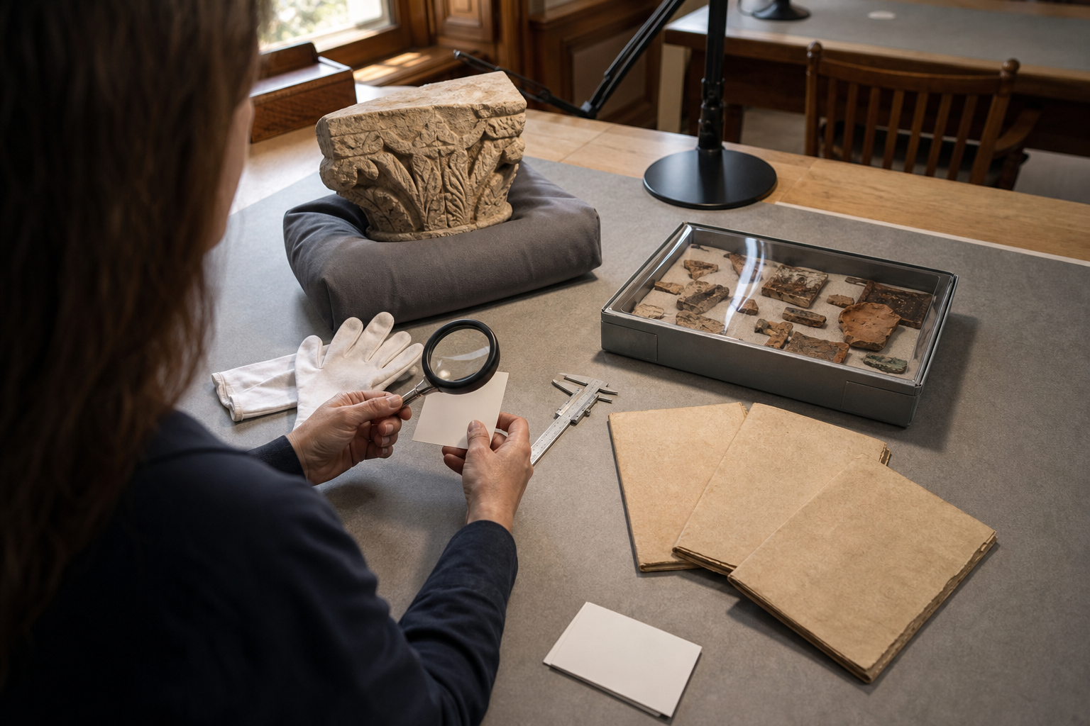 An anonymous researcher compares a carved fragment, an archaeological sample tray, and closed source folios at a carefully lit archive desk.