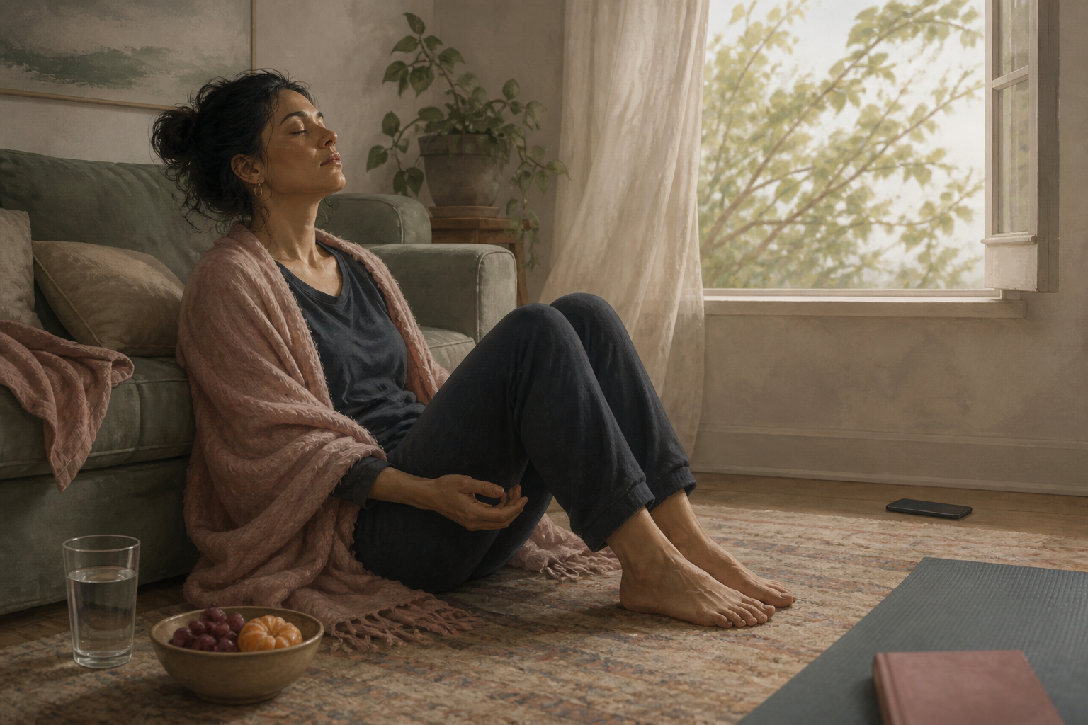 An exhausted adult rests against a sofa with a shawl, water, and fruit nearby while a journal and exercise mat remain unused.