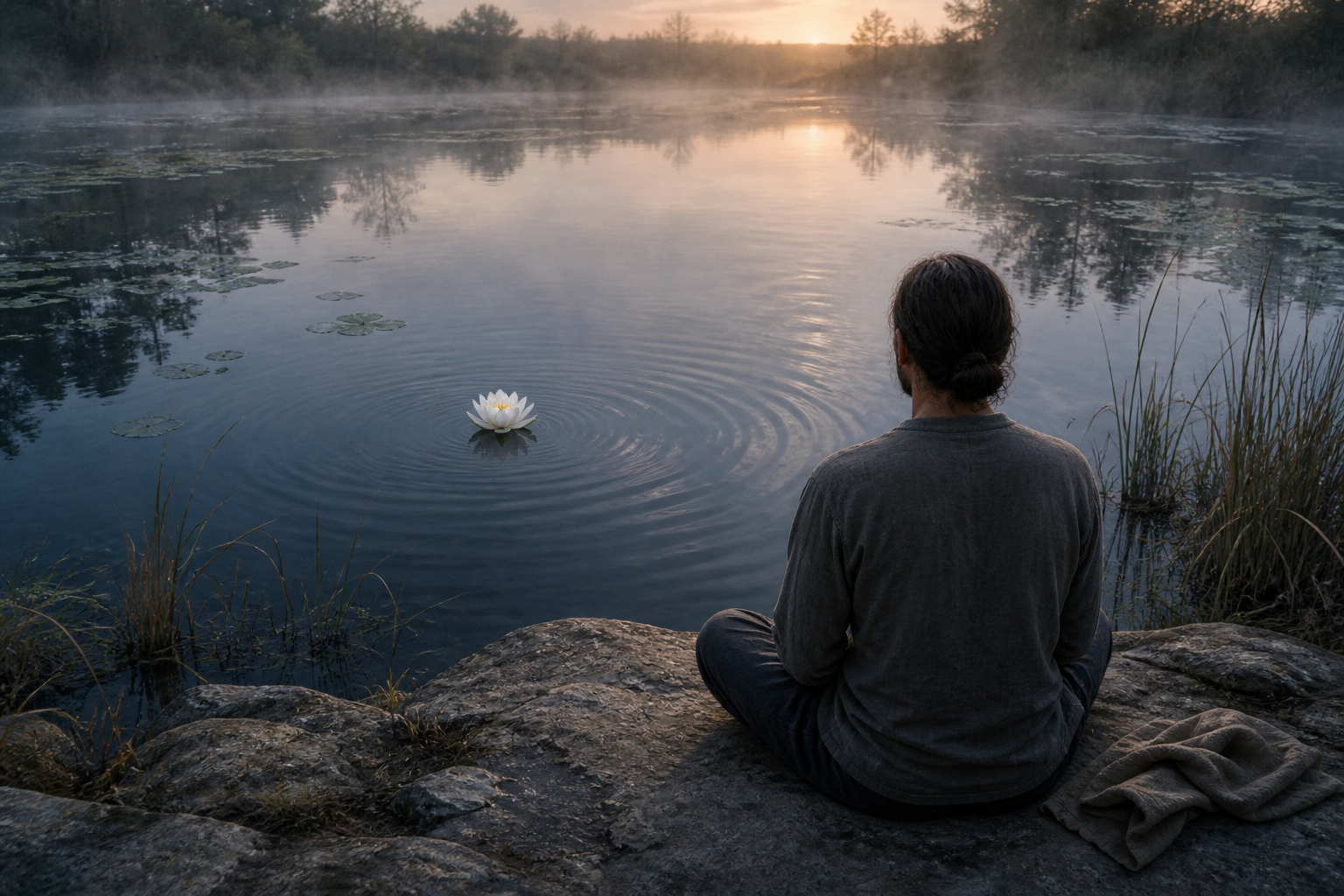 A seated practitioner quietly observes a single white lotus floating on a still pond at dawn.