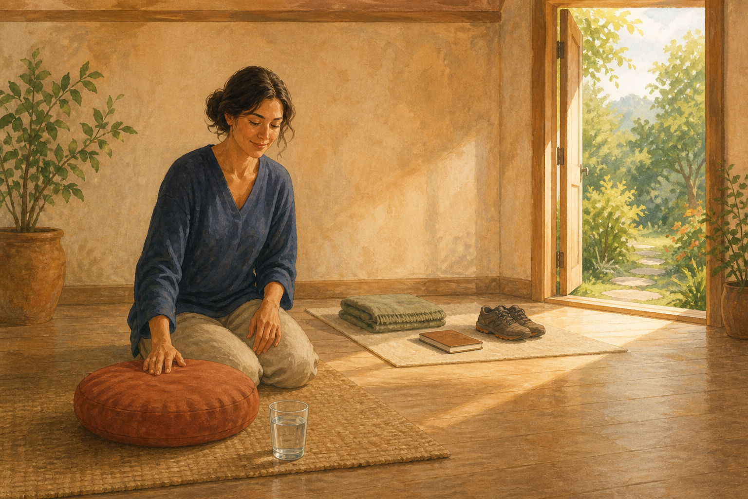 An adult chooses a simple cushion and glass of water in a room with optional practice items farther back and an open door to a garden.