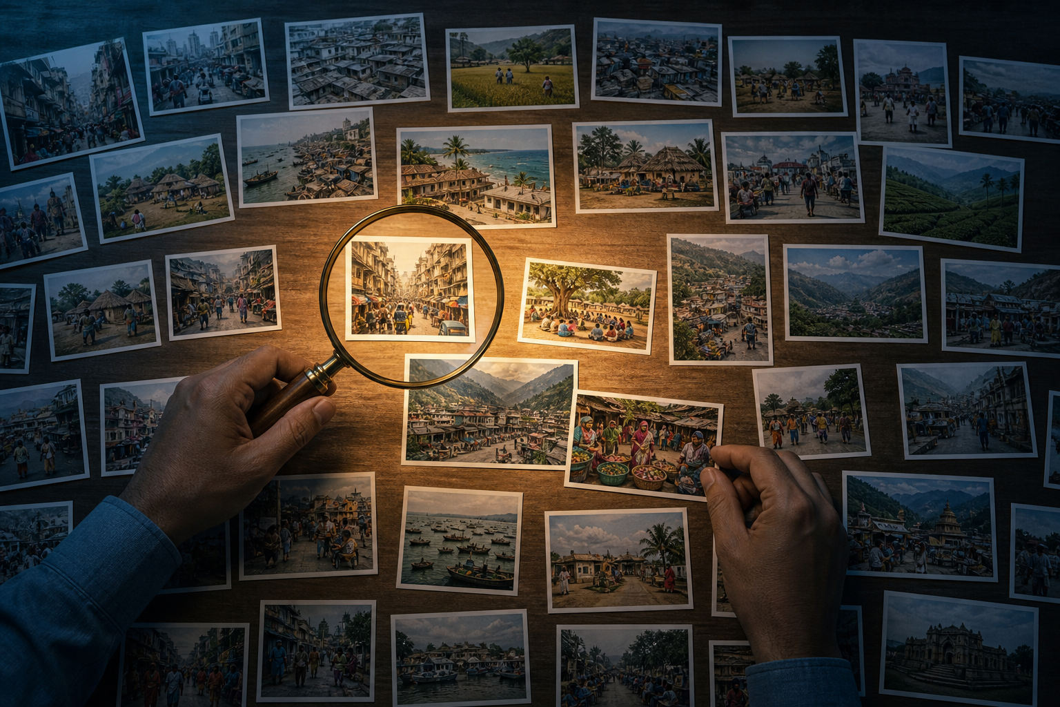 A researcher uses a magnifying lens to compare unmarked photographs of city, rural, coastal, mountain, and northeastern Indian settings spread across a table.