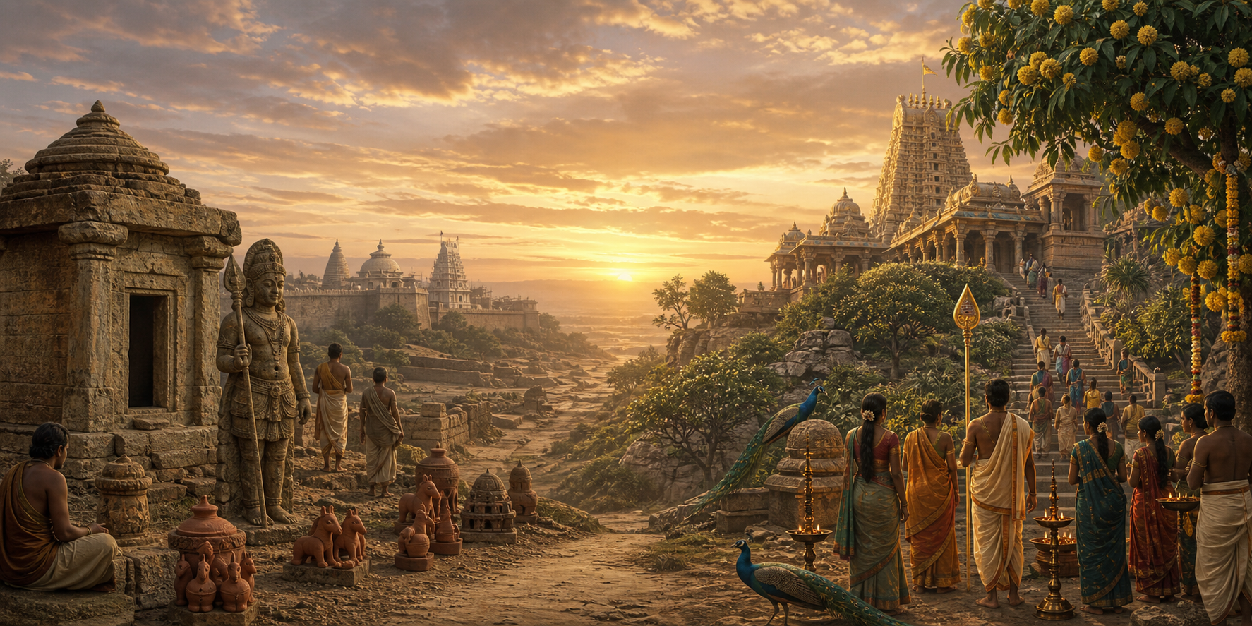 Editorial illustration pairing an early northern Indian shrine and weathered spear-bearing deity sculpture with a lively Tamil hill temple, pilgrims, and peacocks beneath one continuous sky.