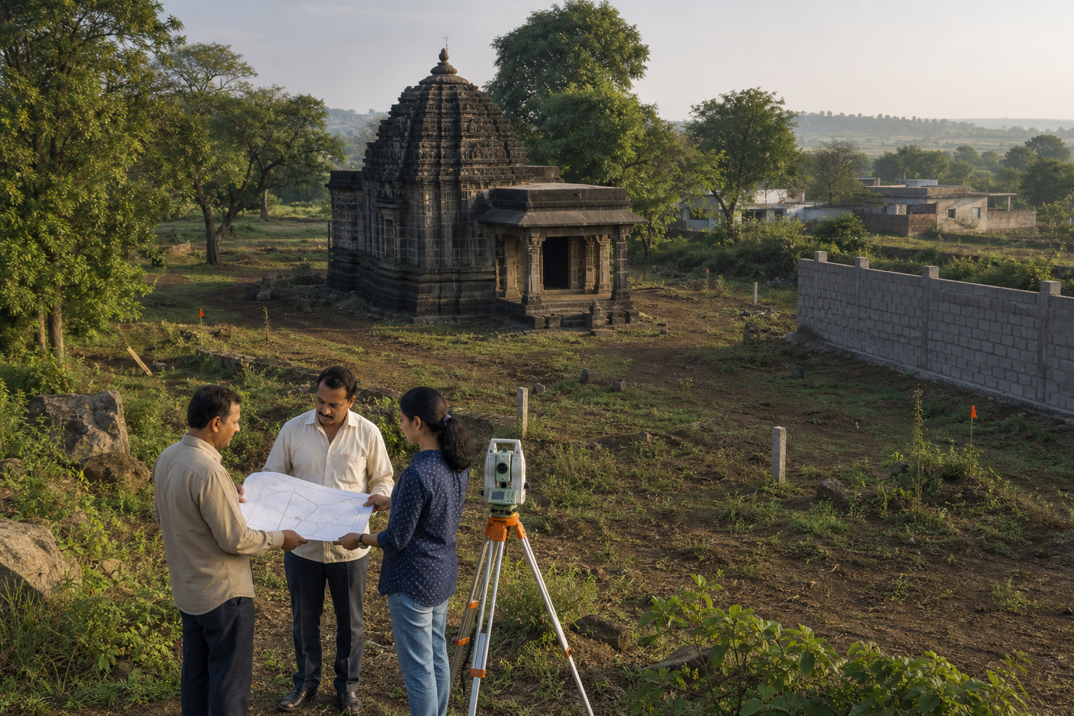 Temple trustees and a land surveyor inspect boundary markers around a basalt-stone temple and fields in rural Maharashtra as a new masonry wall approaches the property edge.