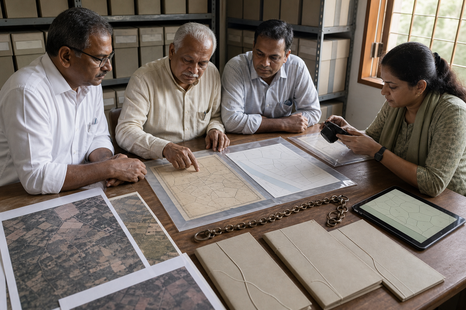 Temple trustees and a survey professional organize deeds, parcel maps, aerial photographs, and digital records on a table in a Maharashtra records room.
