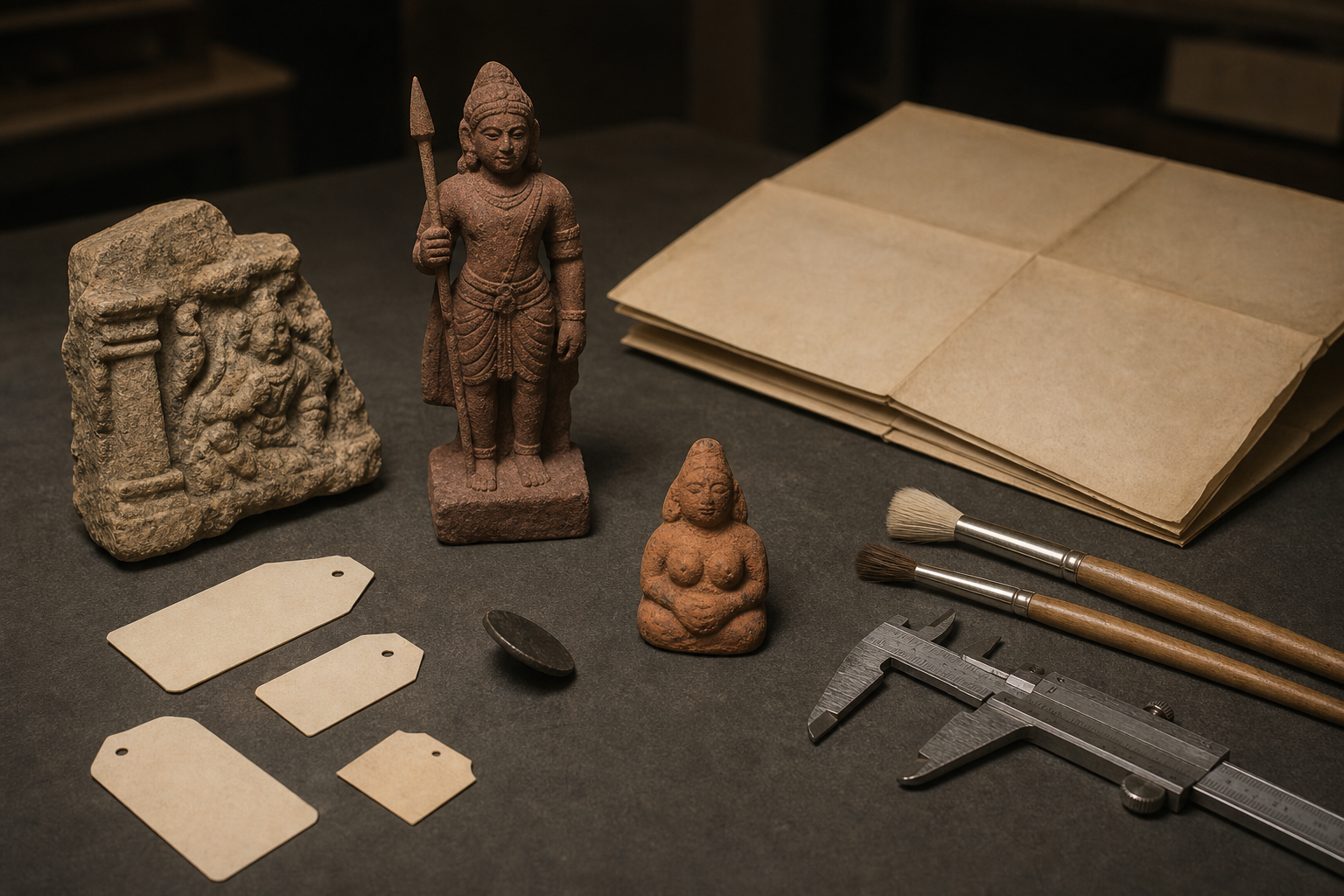 A conservation table holds a sandstone deity figure, an ancient coin, a broken relief, a terracotta votive object, measuring tools, and excavation brushes under separate lights.