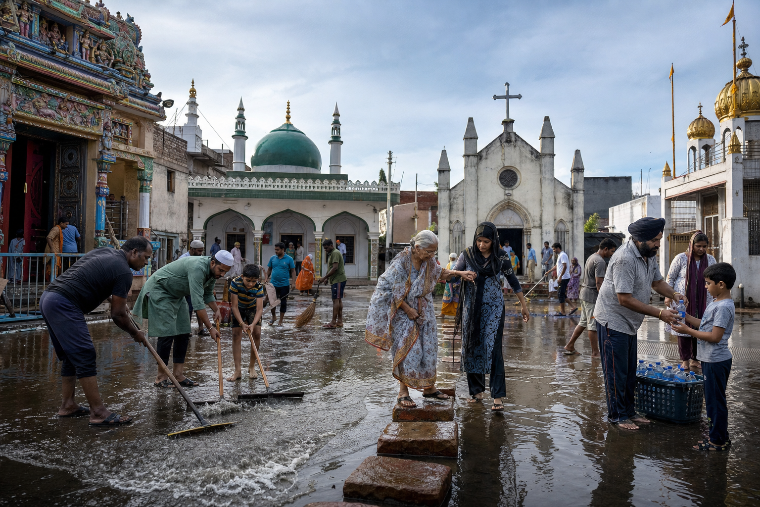 Neighbors from different faith communities clear water from a shared lane, help an older resident, and protect nearby places of worship after rain.