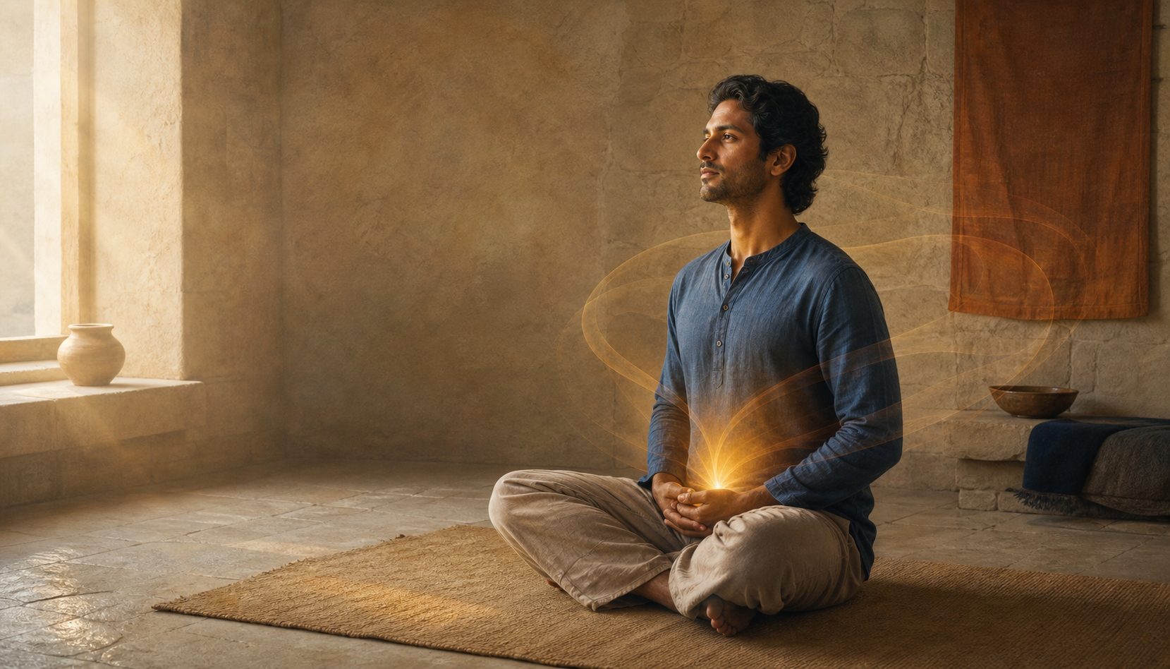 A seated yoga practitioner with translucent layers of light connecting the breath, abdomen, spine, and head, with a soft amber focus at the navel.