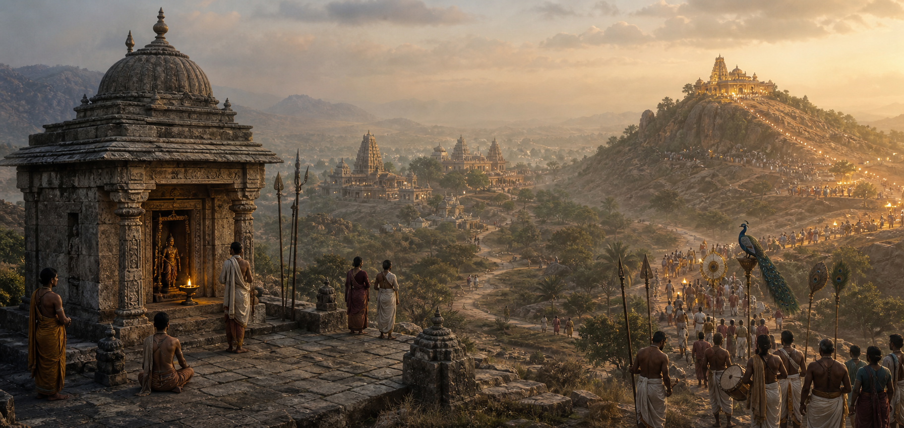 A quiet northern stone shrine and busier neighboring temples share a panoramic landscape with a luminous Tamil hill sanctuary approached by many pilgrims.