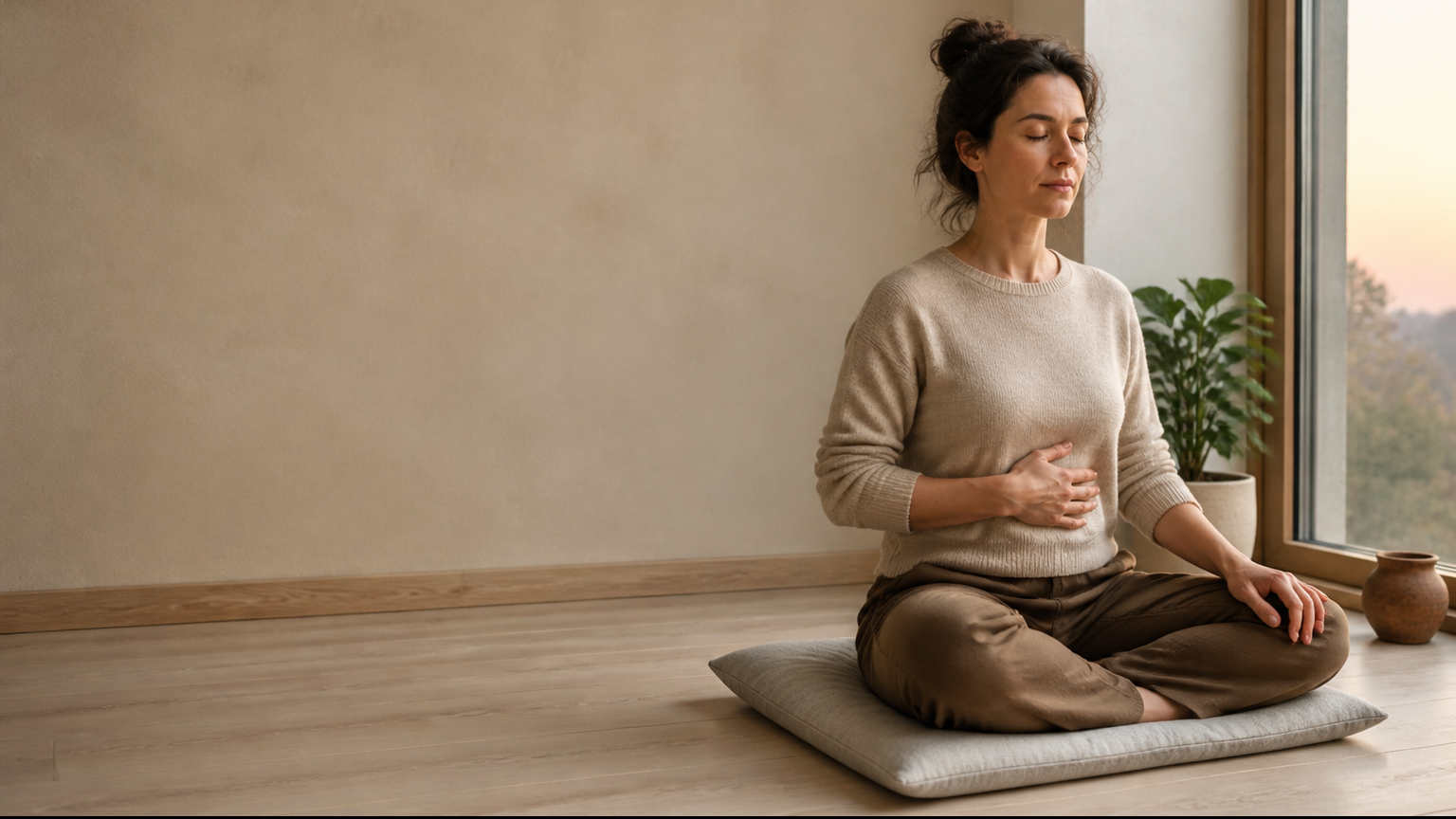 An adult sits on a cushion beside a softly lit window with one hand resting on the abdomen and the other on the thigh.