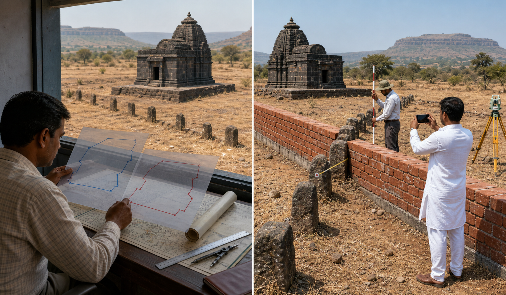 A split illustration contrasts mismatched land-record boundaries with a fresh wall physically crossing stone markers on temple property.