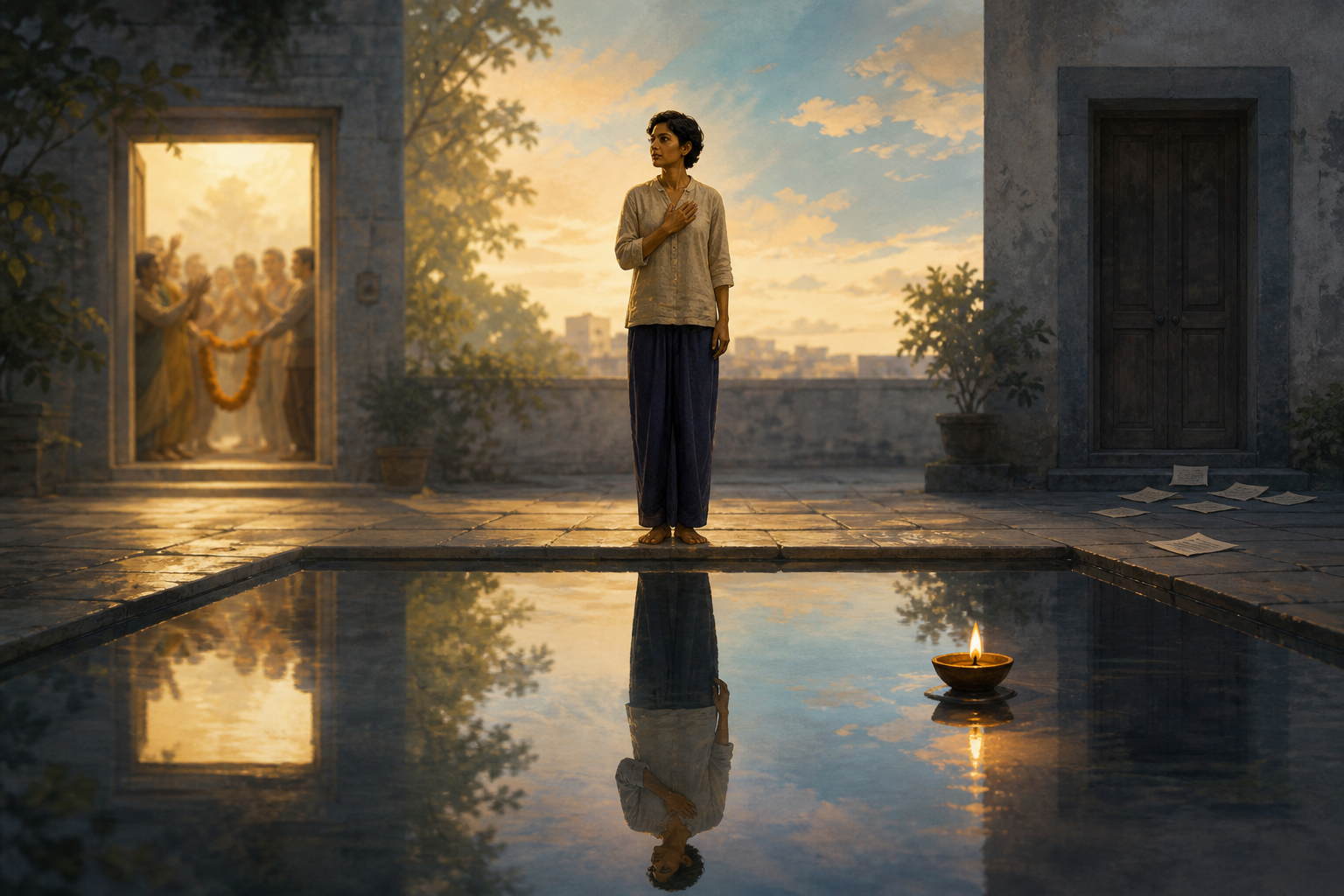 A contemplative person stands beside a still reflecting pool between an applauding crowd at an open doorway and a closed doorway at dawn.
