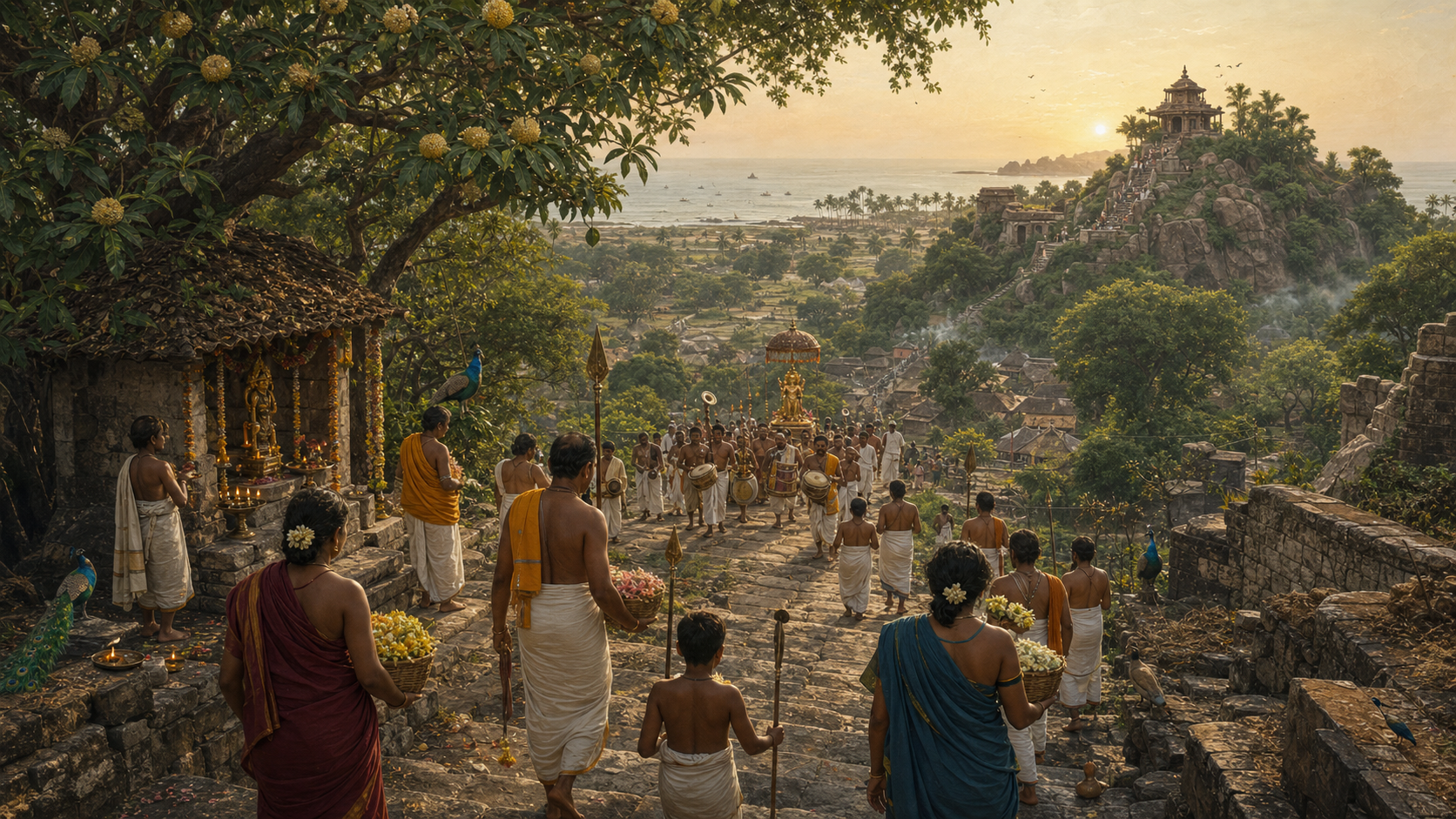 Pilgrims carrying flowers and ceremonial spears climb toward a Tamil hill temple as musicians, peacocks, grove shrines, lamps, and the distant sea fill the landscape.