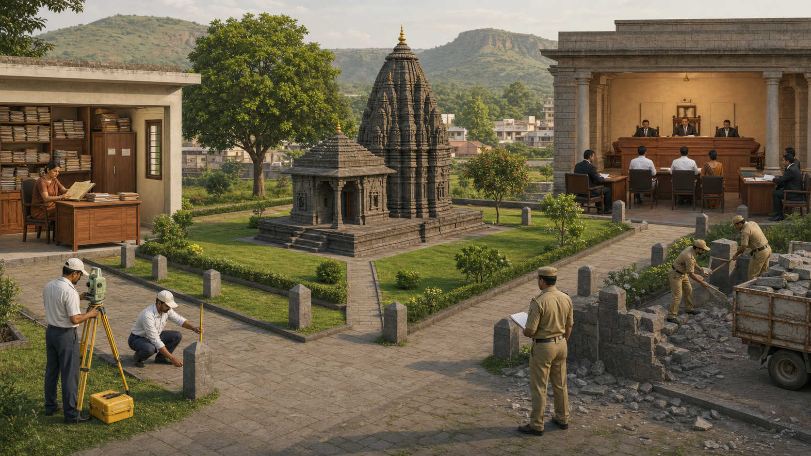 A conceptual illustration surrounds marked temple land with coordinated surveying, land registration, legal review, and civil enforcement activities.
