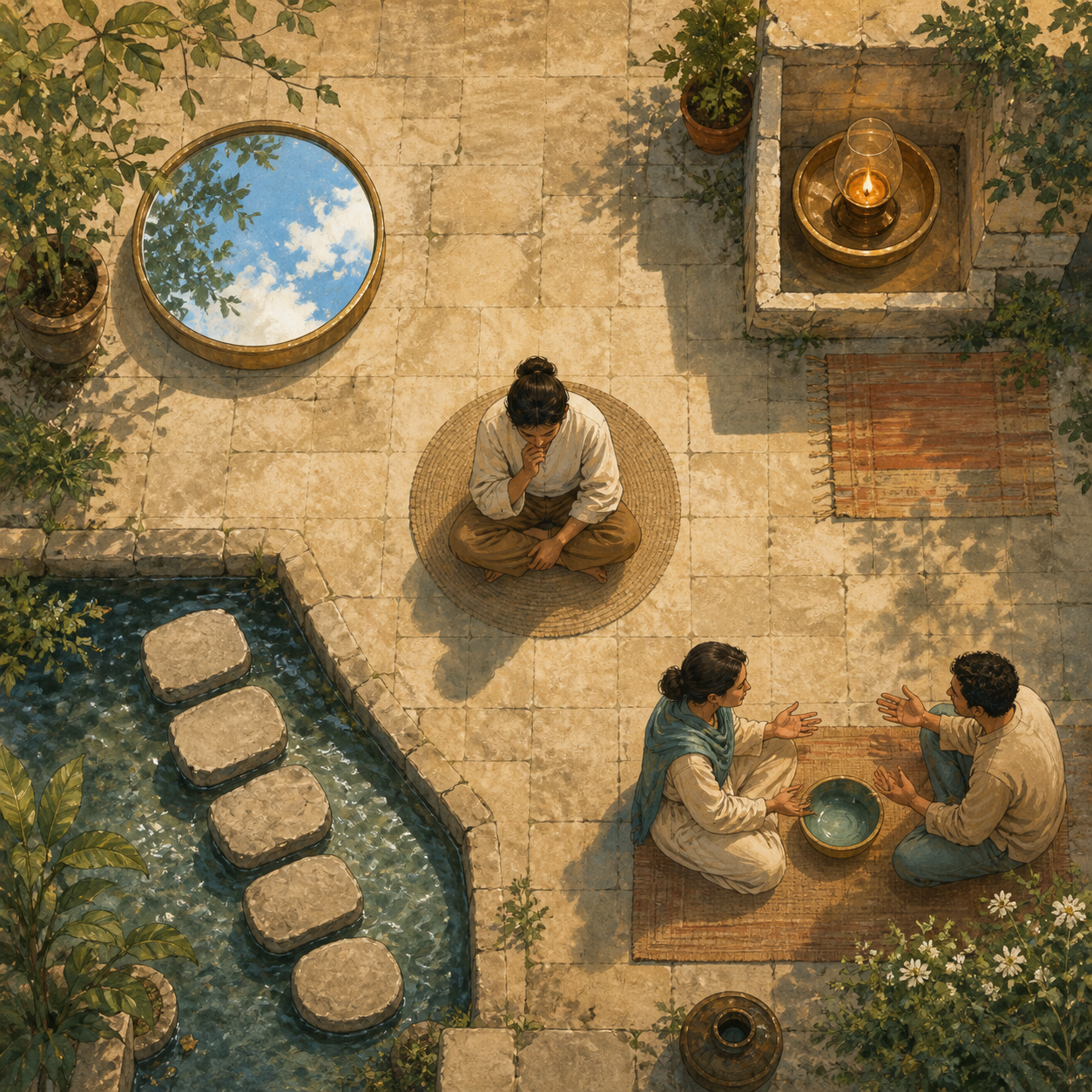 A seated person occupies the center of a courtyard surrounded by a mirror, an oil flame, stepping stones, and two people beside a shared bowl.