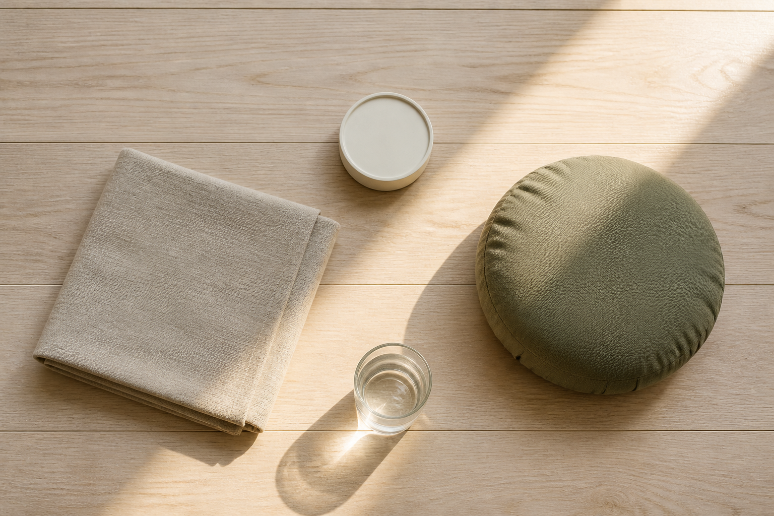 A folded mat, cushion, glass of water, and plain round timer are arranged on a pale wood floor in soft light.