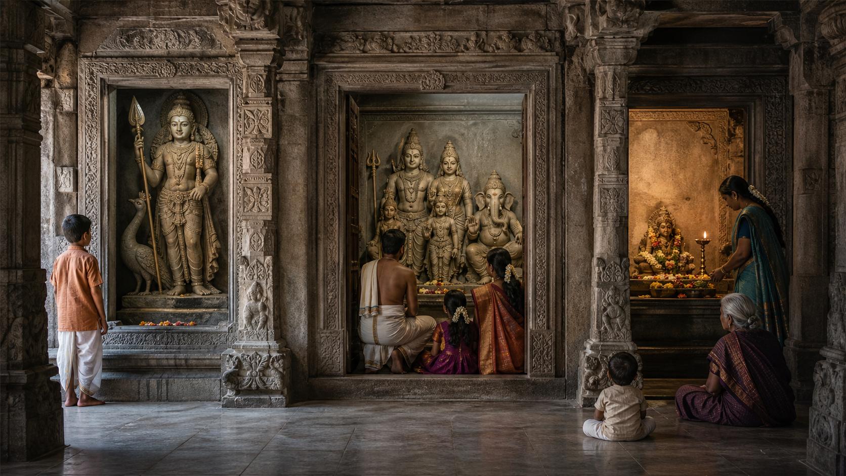 A stone temple interior contains a spear-bearing Karttikeya niche, a Shiva family shrine, and a flower-decorated side chapel visited by worshippers of different ages.